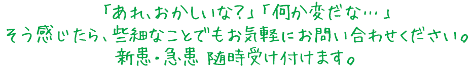 「あれ、おかしいな？」「何か変だな…」そう感じたら、些細なことでもお気軽にお問い合わせください。
    	新患・急患・時間外診療随時受け付けます。